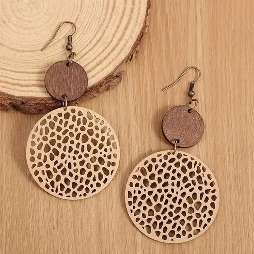 Round Khaki Drop Earrings Bohemian Vintage Wooden Leather‎ Earrings